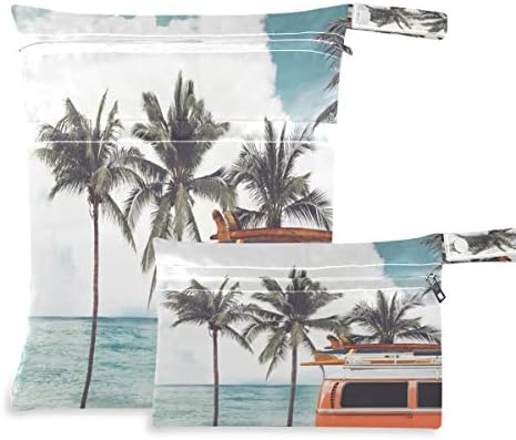שמור על מכונית וינטג 'על חוף טרופי הדפס שקיות רטובות אטומות למים - רחיץ מכונה | תיק יבש רטוב לחיתולי בד, בגד ים, מעון